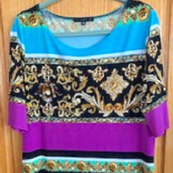 Tiana B. A-Line Striped Short Sleeve Dress Vibrant Multicolor Pullover Sz: L - Picture 1 of 7